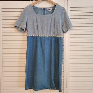 Alexandra Lee Vintage Blue and White Embroidered Floral Denim Dress, Size 12